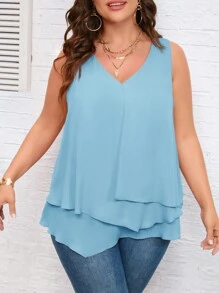 SHEIN Clasi Plus Size Summer Casual Solid Color Multi-Layer Asymmetrical Hem Sleeveless Blouse - Baby Blue - View 3