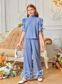 SHEIN Tween Girl Cute Blue Two Pieces Set With 3D Frill Decoration Puff Sleeve Shirt And Long Pants - Blue - View 5