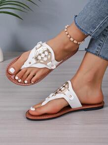 Women's Round Buckle Flat Sandals Slippers Flip Flops Solid Color Open Toe Non-Slip Slippers, Outdoor And Indoor - White - View 5