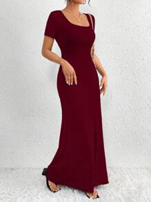 SHEIN Clasi 纯色方领优雅女式连衣裙 酒红色长款女式套装 - 酒紅色 - 查看 6