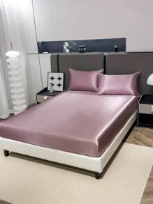 3pcs Solid Color Dusty Pink Satin Fitted Sheet Set Simulation Silk Fitted Sheet Set With 1pc Fitted Sheet+2pcs Pillow Case Without Filler, Modern Soft Bedding Set For Household Sheet Deep Pocket Up To 13.8 Inch Satin Pillowcase, Soft Breathable Wrinkle-Free Better For Sleep, Luxury Hotel Style, Gift For Mom Dad Friend Domitory Bedding Back School Bedding
