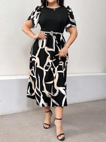 Modelyn 大码女式夏季优雅花卉印花圆领花瓣短袖长裙长款晚礼服