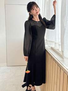 FRIFUL Robe mi-longue élégante pour femmes au printemps avec manches lanternes et design queue de poisson, volants, vêtements d'automne - Noir - Voir 7