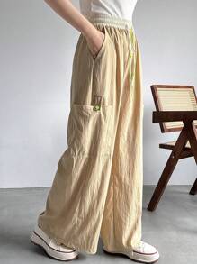 FRIFUL Women Casual Color Blocking Drawstring Waist Wide Leg Pants With Multiple Pockets