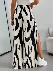 SHEIN Essnce Women Summer Boho Street Fashion Side High Slit Color Block Printed Pleated Wide Leg Baggy Pants