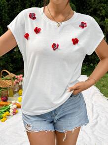 SHEIN Essnce Women 3D Sequins Floral Detail T-Shirt