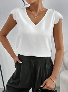 SHEIN Essnce Women Casual V-Neck Cap Sleeve Shell Edge Burnout Floral Top White Shirt - White - View 1
