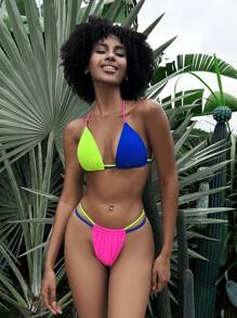 SHEIN Swim Women's Summer Beach Holiday Colorblock Neon Halter Tie Bikini Swimwear Set Bathing Suit - Multicolor - View 1