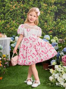 SHEIN Young Girl Sweet & Lovely Butterfly Printed Bubble Sleeve Dress With Lace & Mesh Contrast