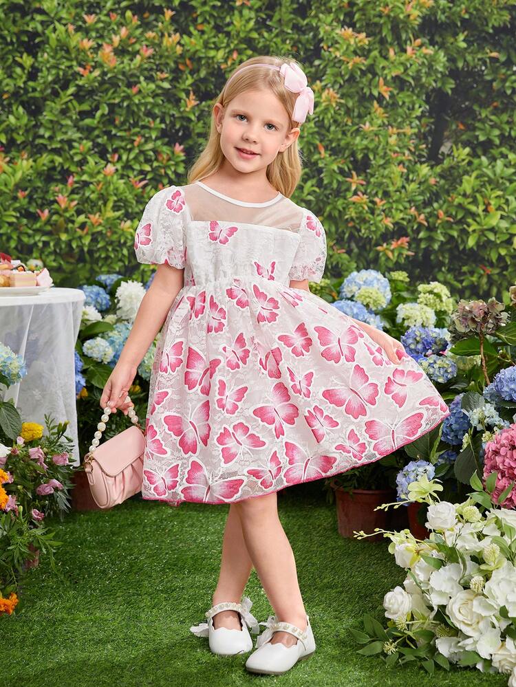 Young Girl Sweet & Lovely Butterfly Printed Bubble Sleeve Dress With Lace & Mesh Contrast