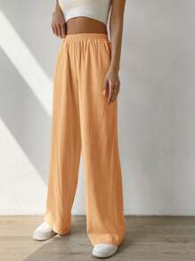 SHEIN EZwear 實心休閒斜口袋亞麻寬腿褲 - 黃色 - 查看 4
