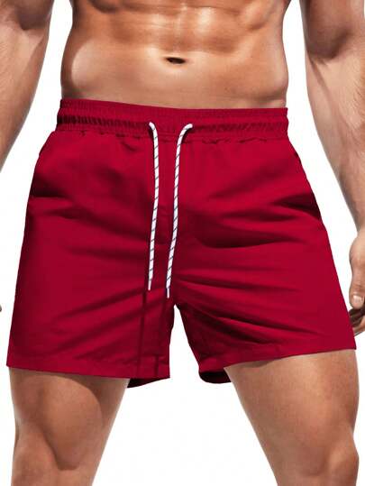 Surfspeed Men Solid Color Drawstring Beach Shorts For Vacation Outfits
