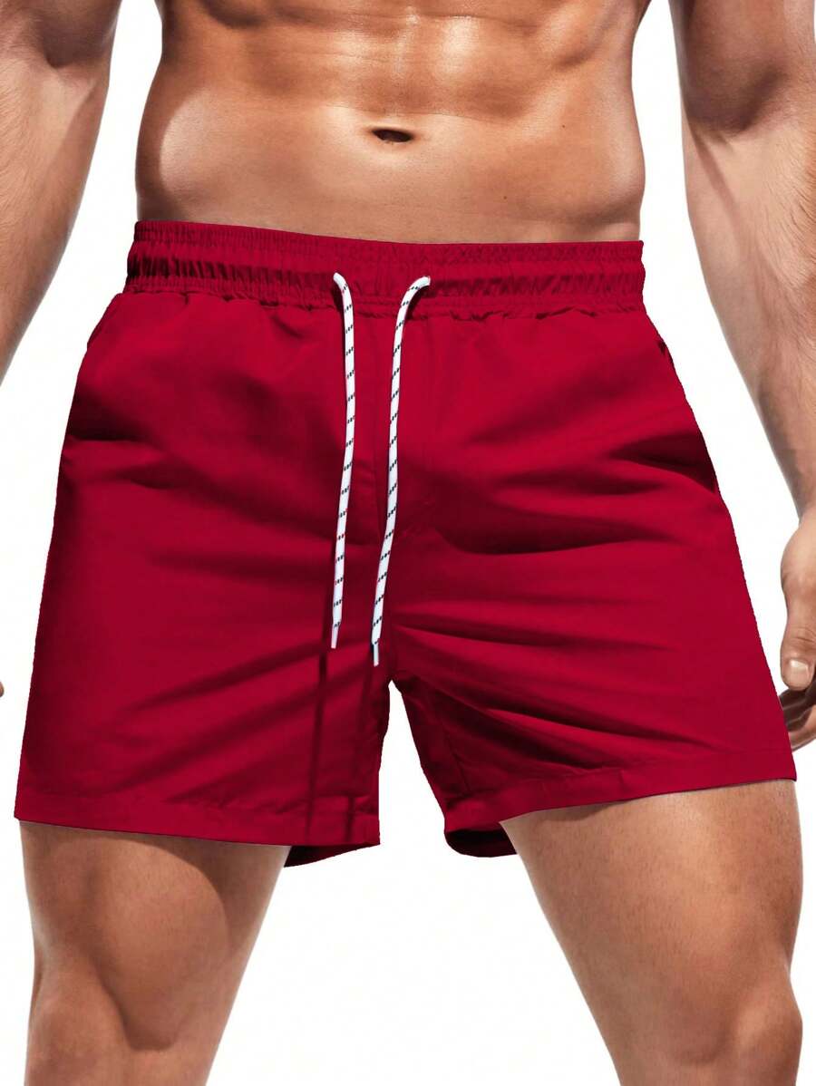 Manfinity KASUA Men Solid Color Drawstring Beach Shorts For Vacation Outfits - Red - View 1