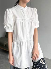 FRIFUL Women Summer Elegant Solid Color Shirt With Lace Collar, Short Puff Sleeve And Tie-Up Front,Ruffle