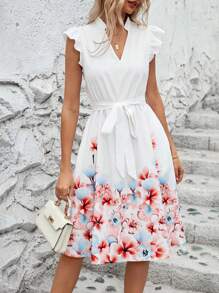 SHEIN Clasi 女士假日休閒花卉印花V領荷葉邊連衣裙，夏季 - 白色 - 查看 3