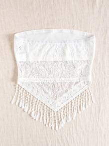 SHEIN VCAY 音樂節夏季假期單色花邊搖擺邊露肩上衣 - 白色 - 查看 2