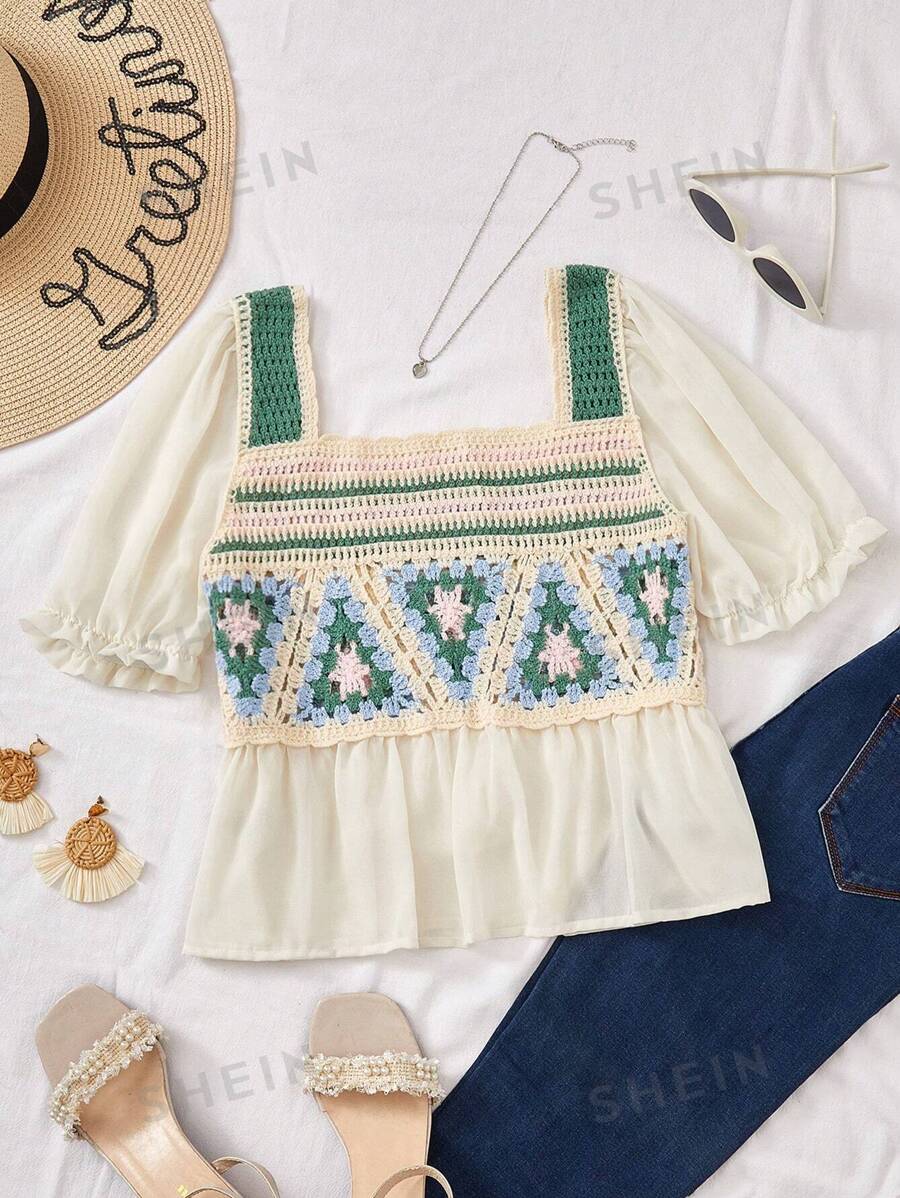 Breezaya Blusa de manga corta con volantes en el dobladillo y cuello cuadrado a rayas de bloques de color