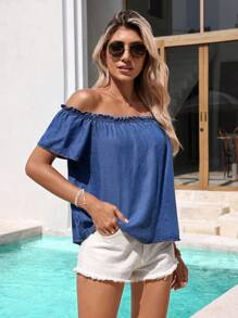 SHEIN VCAY Women's Short Denim Effect Off Shoulder Shirt For Summer Beach Vacation Casual Outfits