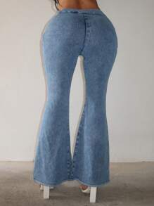 SHEIN SXY Pantalones vaqueros acampanados elásticos de tiro alto azul para mujer y sexys - Azul lavado medio - Ver 2