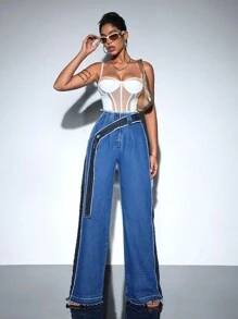 SHEIN BAE 帶流蘇、口袋和拉鍊的牛仔褲 - 深色水洗藍 - 查看 4