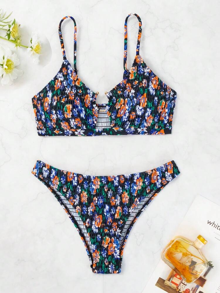 Women Vacation Floral Printed Halter Neck Simple Fashionable Bikini Set, Printed Pattern Random Summer