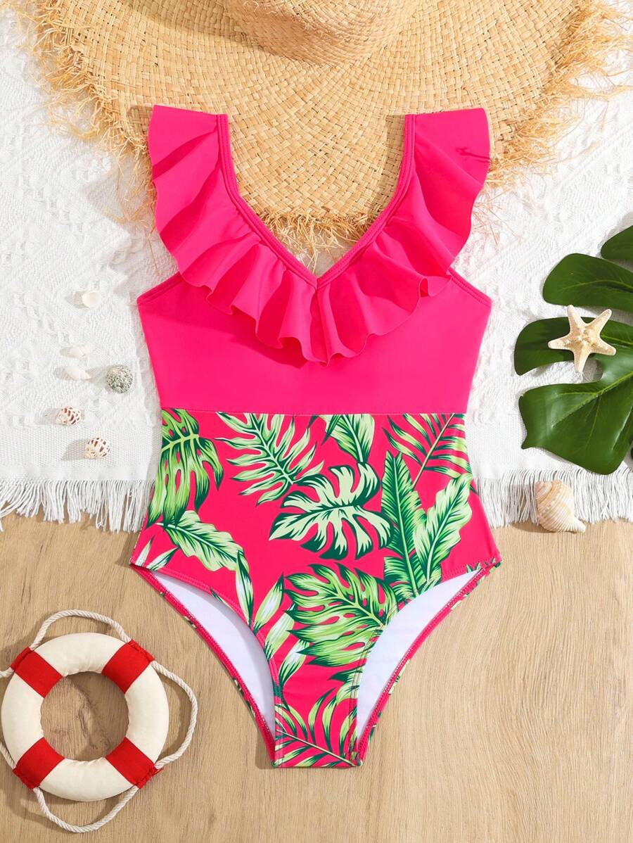tween-girl-vacation-tropical-plant-print-splice-ruffle-one-piece