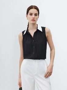 BizChic Women's Sleeveless Loose Flowing Contrast Color Blouse - Black - View 7