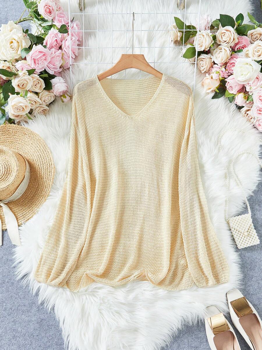 Chiquease Vacation Leisure Solid Color Lantern Sleeve Sweater, Knit Pullover Fall Winter - Apricot - View 1