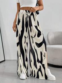 SHEIN Essnce Women Summer Boho Street Fashion Side High Slit Color Block Printed Pleated Wide Leg Baggy Pants