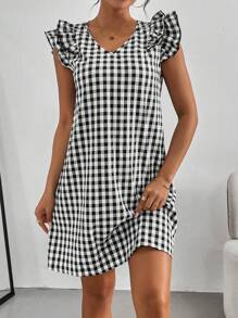 SHEIN Essnce 休閒通勤女士V領兩色格紋裙 - 黑與白 - 查看 4