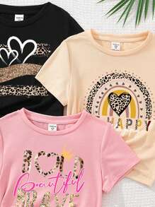 SHEIN Leap Crew 少女3入組簡約休閒卡通圖案T恤，帶有心型和豹紋印花，適用於夏季 - 彩色 - 查看 3
