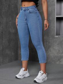 SHEIN EZwear Quần Jeans Capri Ôm Vừa Vặn Thường Ngày Cho Nữ Có Đường Xẻ Bên Và Túi - Màu xanh lam - Xem 5