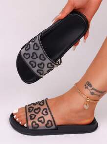 pueenb Summer Elegant Heart-Shaped Designed Flat Slippers, Suitable For Outdoor Activities - Lightweight, Anti-Slip, Perfect For Beach Or Outdoors - Black - View 7