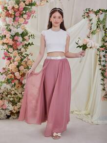Teenage Girls' Elegant Wedding Chiffon Lace Cropped Top And Long Skirt Set, Spring/Summer