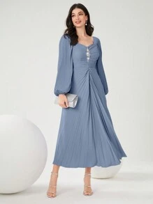 Modelyn Robe plissée de couleur unie avec encolure en cœur, robes de soirée longues pour femmes - Bleu azur - Voir 5
