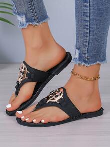Women Black/Pink Embroidered Flat Sandals Flip Flops With Round Buckle, Toe Ring And Slip-Resistant Sole. Suitable For Indoor And Outdoor Wear