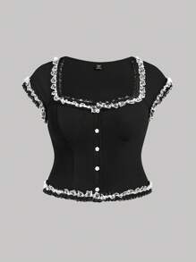 SHEIN MOD 大码黑色对比白色蕾丝方领花卉装饰春夏短袖开衫风格 T 恤 - 黑色 - 查看 1