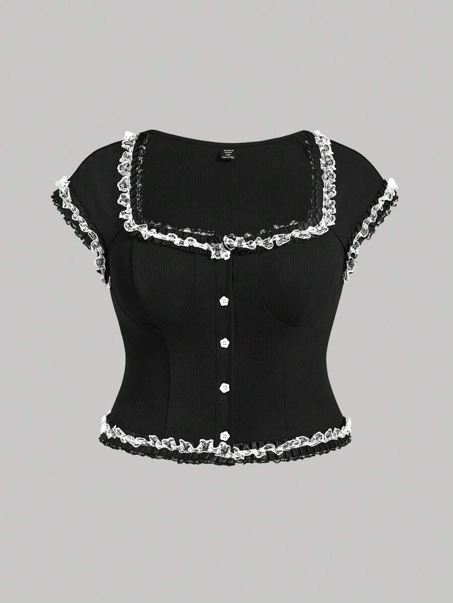 SHEIN MOD 大码黑色对比白色蕾丝方领花卉装饰春夏短袖开衫风格 T 恤 - 黑色 - 查看 1