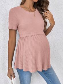 SHEIN Elegant And Romantic Round Neck Short Sleeve Maternity T-Shirt With Gender-Neutral Party Theme And Waist Cinched Design - Pink - View 4