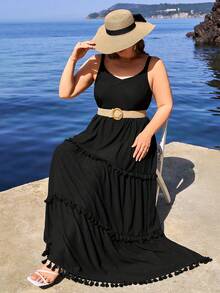 SHEIN Cottnline Plus Tassel Trim Detailed Boho Maxi Dress - الأسود - مشاهدة 3