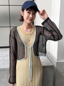 FRIFUL Top transparent à manches longues pour femmes avec empiècement en filet ajouré et nœud devant