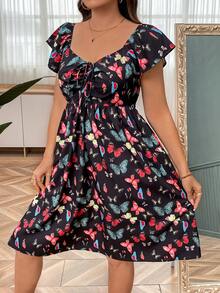 SHEIN Holidaya Plus Size Kỳ nghỉ Giải trí Váy in hình bướm có eo thon và cổ áo dễ thương - màu đen - Xem 4