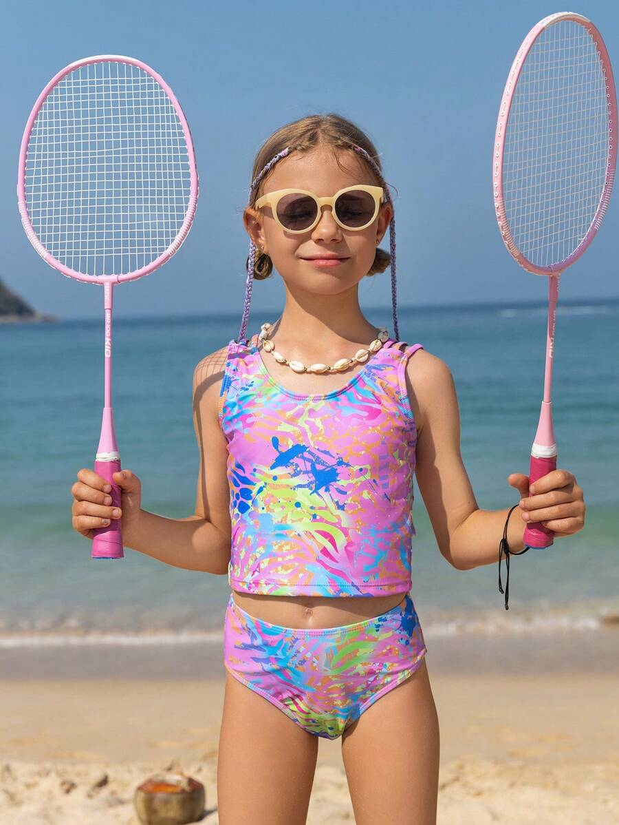 青少年女孩全版印花背心上衣和三角泳裝套裝 - 彩色 - 查看 1