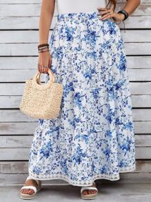 EMERY ROSE 大尺碼女士夏季印花不對稱褶邊蕾絲藍白長款沙灘裙 - 彩色 - 查看 3