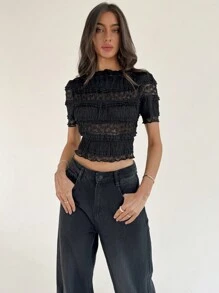 Aloruh 優雅的半透明蕾絲荷葉邊修飾裝飾假日約會上衣 - 黑色 - 查看 4