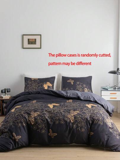 3pcs Soft 100% Polyester Gold Butterfly Printed Pillowcase & Duvet Cover Set (2 Pillowcases + 1 Duvet Cover), Without Filling, Perfect Choice For Bedroom/Guest Room Decoration