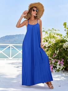 Vivid Eden 女性簡單休閒寬鬆褶皺露背夏季細肩帶連衣裙 - 寶藍色 - 查看 5