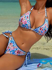 SHEIN Swim Bộ bikini in hình cho nữ đi nghỉ mát, họa tiết ngẫu nhiên - Màu xanh lam - Xem 2