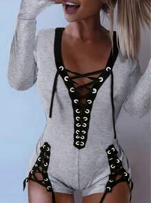 SHEIN Essnce Ladies' Deep V-Neckline Multi Color-Block Jumpsuit With Metal Buckle Detail & Lace-Up Belt - Grey - View 1