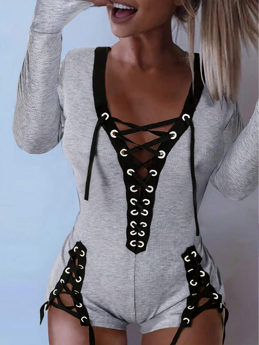 SHEIN Essnce Ladies' Deep V-Neckline Multi Color-Block Jumpsuit With Metal Buckle Detail & Lace-Up Belt - Grey - View 1